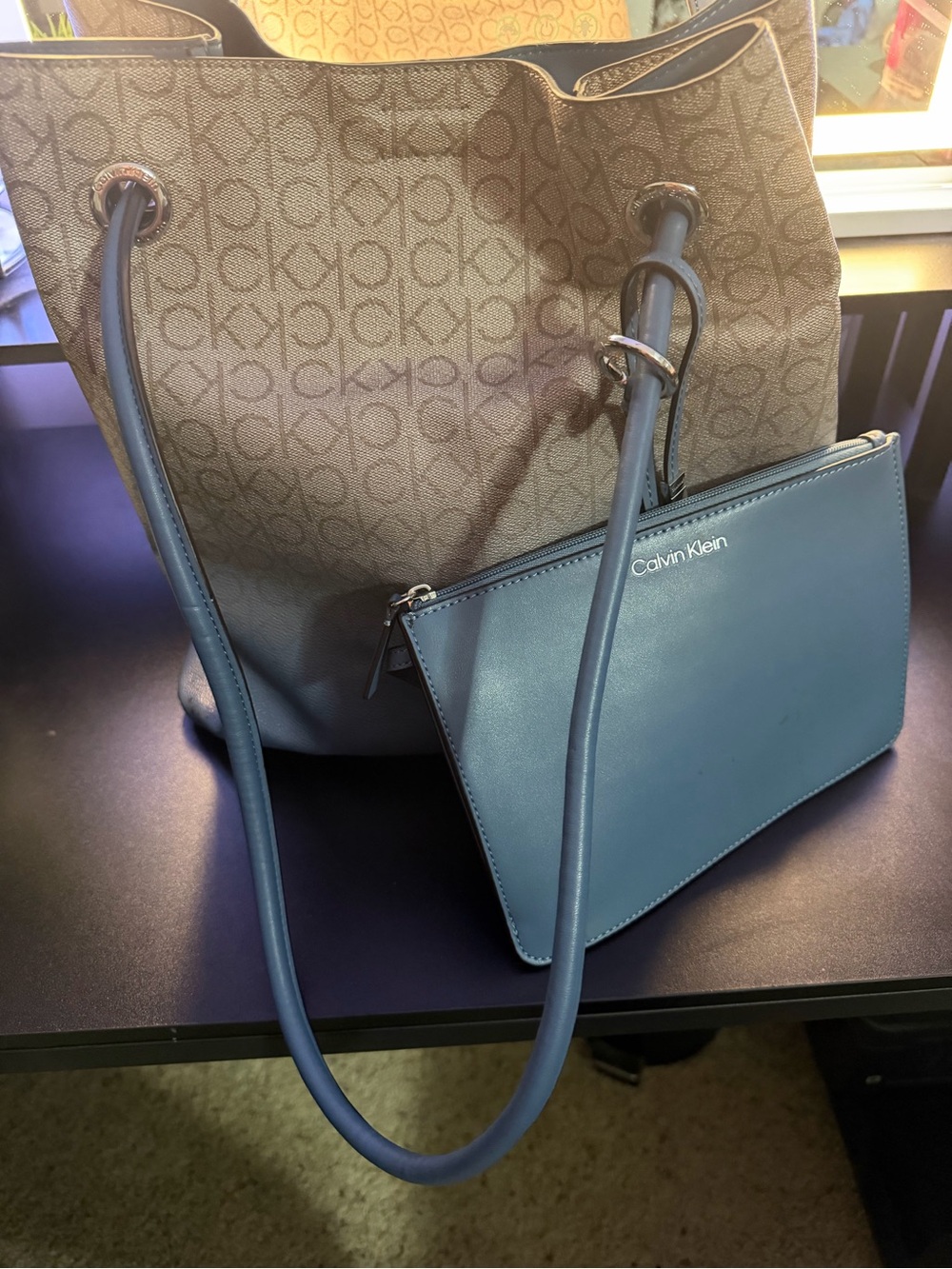 Calvin Klein Two-Tone Blue Logo Tote with Matching Blue Pouch